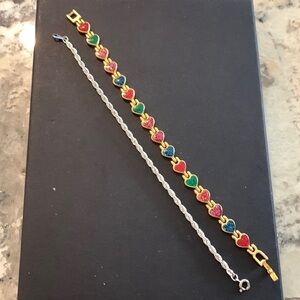 Two bracelets! Gold tone colorful‎ heart and vintage Silver Tone rope bracelets